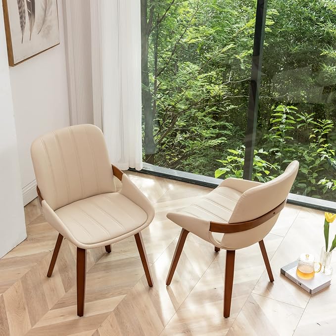 Mid Century Modern Beige Faux Leather Upholstered Dining Chairs Set of 2,Armless Accent Chairs with Sturdy Natural Wood Legs,Bamboo Backrest Support for Kitchen&Dining Room Chairs