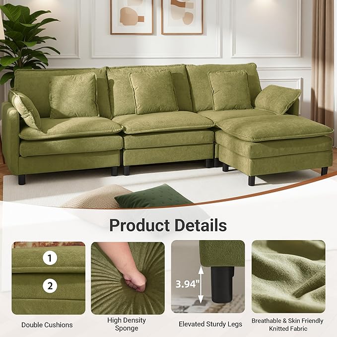 Claiks 148" Modular Sectional Sofa, Cloud Couch with Ottoman, U-Shaped 6-Seater Sofa in Chenille Fabric, Deep Seat Comfy Couch with Pillows for Living Room & Offices, Green
