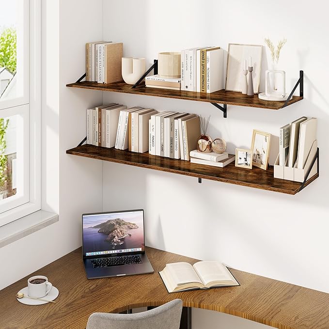 Fun Memories Floating Shelves for Wall, 12 Inch Deep Floating Shelves Set of 2, 16W x 12D Large Wall Shelf with Sturdy Metal Brackets for Living Room, Bathroom, Bedroom and Kitchen, Rustic Brown