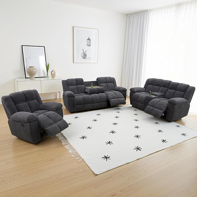 Manual Recliner Sofa Set,Fabric Reclining Couch Set,Modern Living Room Furniture Set,Reclining Sofa Couch Chair for Living Room Home Office (Dark Grey Upgraded Version, 3PCS Set)