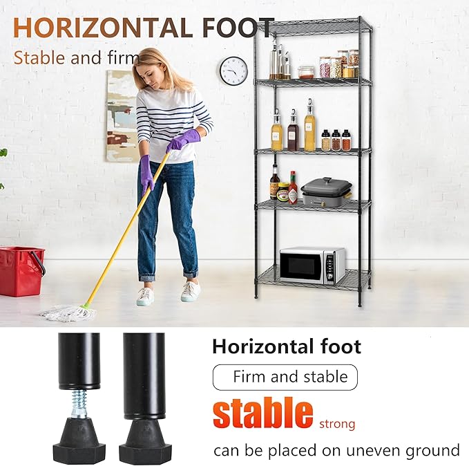 FDW | 5-Tier Wire Storage Shelves | 24"x14"x59" | Black | Adjustable Racks | Heavy-Duty Metal Shelf, Holds Upto 500 lbs | Tool-Free Assembly, Rust-Resistant | for Home & Garage Shelving