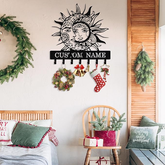 Personalized Moon Sun Key Holder Wall Mount, Custom Metal Key Holder for Wall with Name, Custom Keys Rack Hanger with Hooks for Entryway, Front Door, Hallway, Living Room, Kitchen