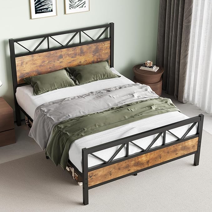 Queen Size Frame with 51.2" Tall Headboard, Platform Bed Frame with Metal Support, Solid and Stable, Noise Free, No Box Spring Needed, Rustic Brown