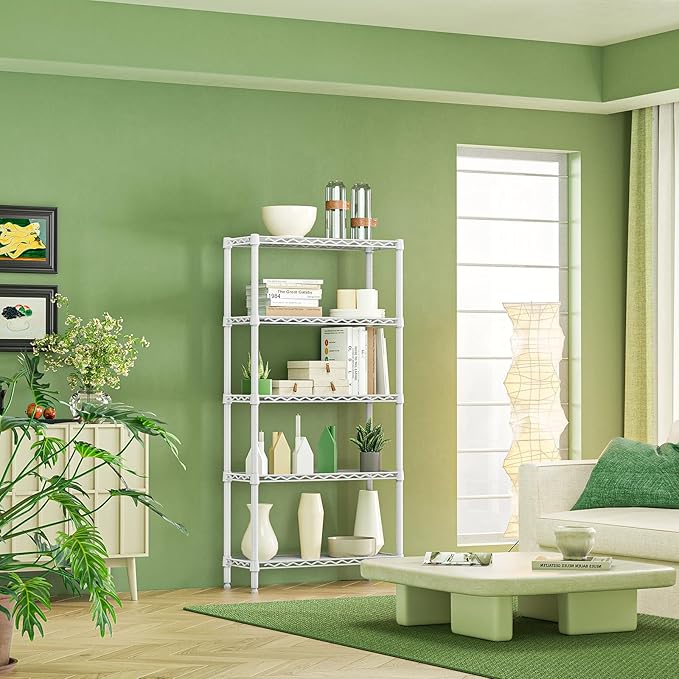 IZEUK 5 Tier White Metal Storage Shelves, Heavy Duty Wire Shelving Rack for Garage, Kitchen, Bathroom, Laundry, or Closet Organization, 1250 lbs Capacity, 11.8" D x 29.5" W x 59.5" H