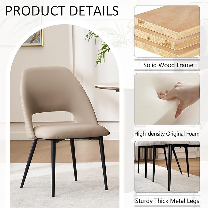 Rowill Dining Chairs Set of 4, Mordern Upholstered Faux Leather Dining Room Chairs, Kitchen Side Chairs with Metal Legs for Guest Reception Waiting Living Room, Khaki