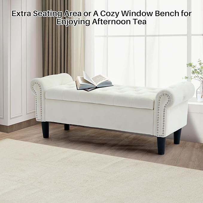 Storage Bench, 50" Queen End of Bed Bench, Velvet Tufted Button Upholstered Bedroom Bench, Storage Ottoman with Rolled Arms, Window Bench with Storage, for Living Room, Entryway Beige
