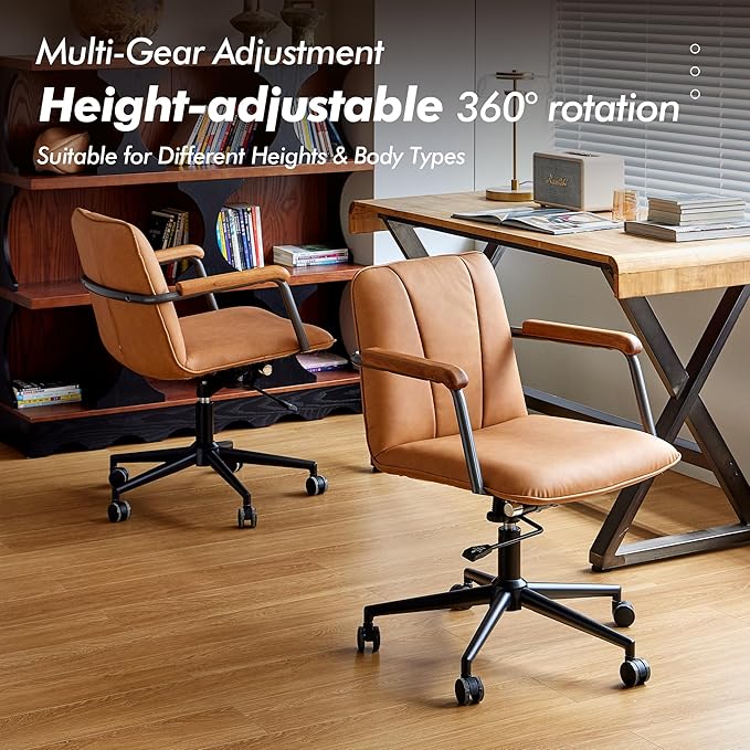 Home Office Desk Chair, Ergonomic Minimalist Faux Leather Swivel Chair with Oak Wood Armrests, Comfortable Task Chair for Computer or Study Room, 2 Pack, Camel Brown