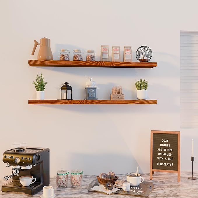 foxsky 48 Inch Solid Pine Wood Floating Shelves for Wall with Hidden Brackets, Rustic Farmhouse Wall Mounted Shelf for Bathroom, Living Room, Bedroom, Kitchen, Office Decor (Honey Oak)