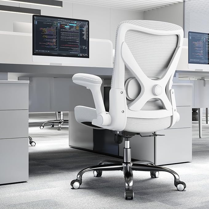 Office Home Ergonomic Desk Chair-Computer X-Shaped Chair Mesh PU Leather with Adjustable Lumbar Support-Executive Chair High Back Flip-Up Arms for Long Hours (White-No Headrest)