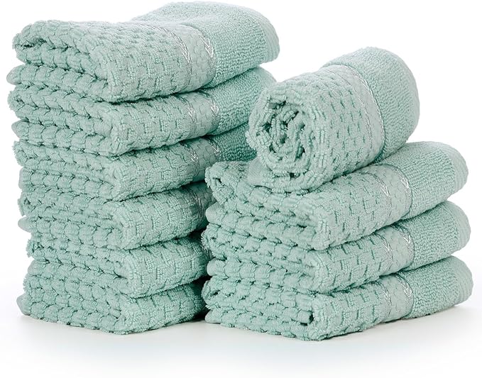 Ample Decor Mint Green Wash Cloth Set of 10 100% Cotton - Quick Dry, Highly Absorbent, Popcorn Textured - Mulaayam Collection - 12 X 12 Inch