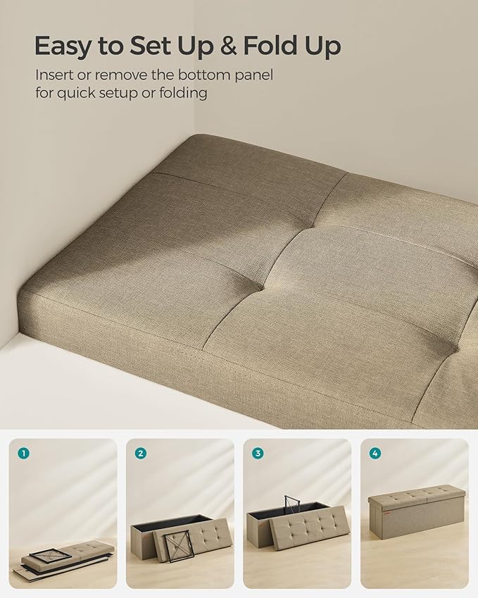 SONGMICS Mazie Collection - 43 Inches Storage Ottoman, Foldable Storage Bench with Flipping Lid, 660 lb Load Capacity, for Entryway, Living Room, Bedroom, Camel Brown ULSF076K01