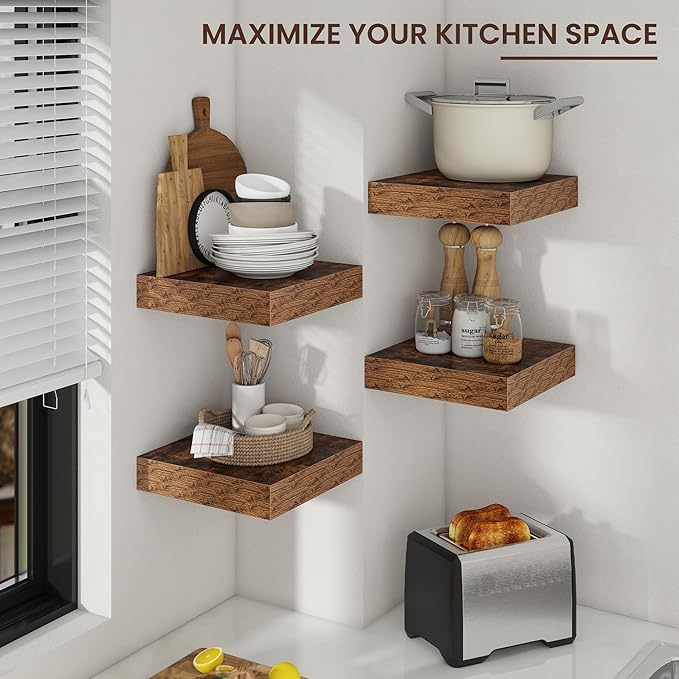 Square Floating Shelves for Wall, 12" W x 12" D x 2" H, 2 Pack of Small Wall Mounted Engineered Wood Shelves with Invisible Brackets for Living Room, Bedroom, Bathroom, Kitchen Decor, Brown