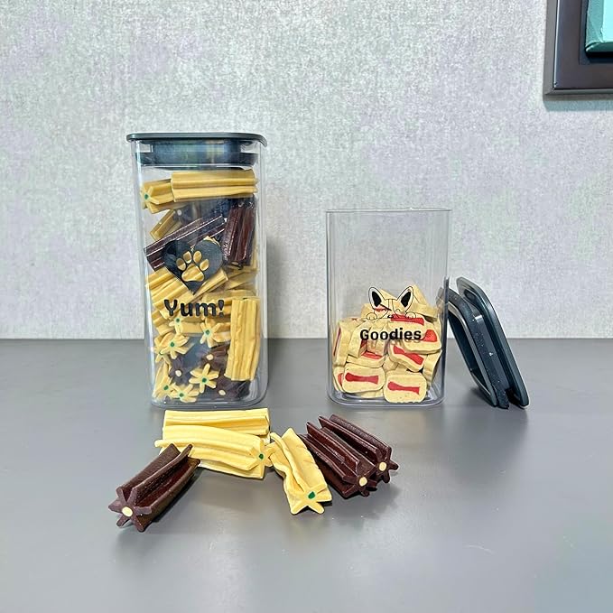 Set of 2 Dog Treat Containers Plastic – 1L & 1.4L Dog Treat Jars with Lids, Dog Treat Holder, Keeps Treats Fresh