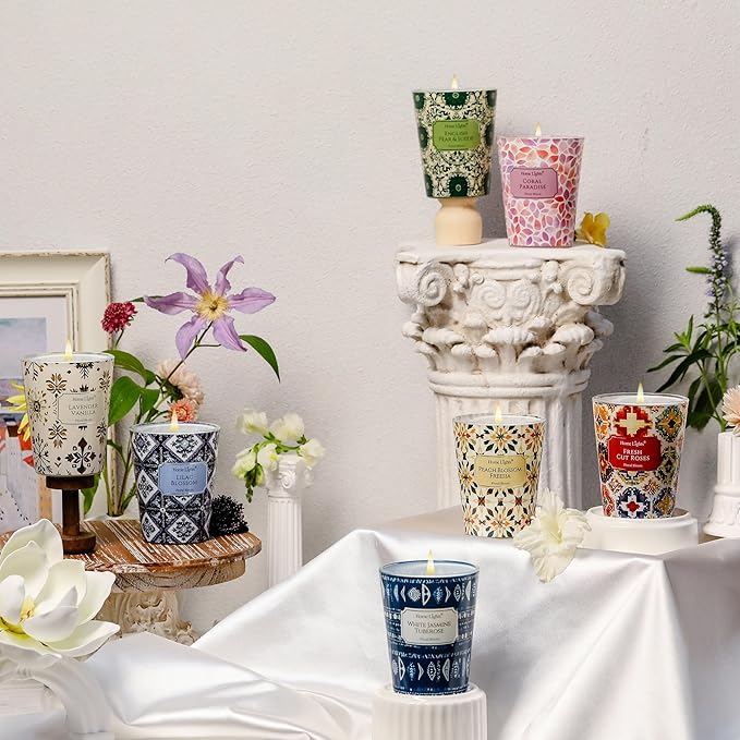 HomeLights 1-Wick Candles for Home Scented - 6.7oz Soy Wax Blend Candle Long-Lasting Fragrance, Bohemian Natural Textures Home Decor and Housewarming Gifts, Lilac Blossom