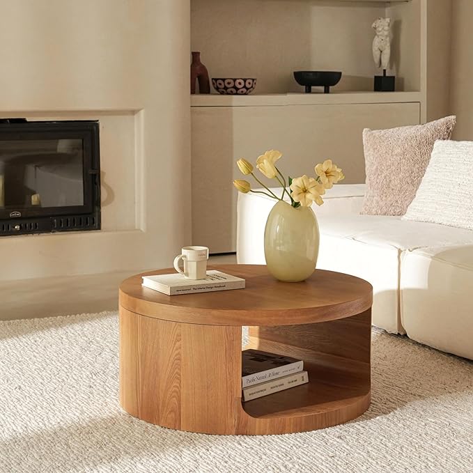 Round Coffee Table with Storage, 31.5" Modern Living Room Table, 2 Tier Circle Wood Center Tables for Apartment, Living Room, Open-Style Storage Cocktail Tables, 31.5"*15.7" (Nature Wood)