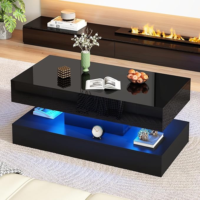 Uspeedy 39.37in Large High Glossy LED Coffee Table with 2 Storage Drawers,Black/White Modern Coffee Tables for Living Room,Living Room Tables,APP LED Lights (Black)