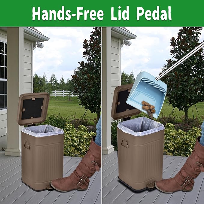 Dog Poop Trash Can with Lid for Outdoors,3.2 Gallon Trash Can with Activated Carbon Filter & Plastic Bags, Pet Waste Container,UP12L-Brown-F+90BK