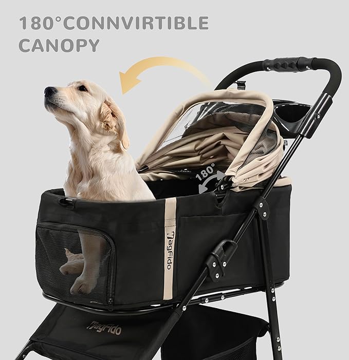 Pet Stroller,4Wheels 3in1 Multifunctiona Dog Stroller with Brake,33lb Weight Capacity,Lightweight Portable One-Click Folding,Storage Basket Cup Holder,for Dogs/Cats Travel,Khaki