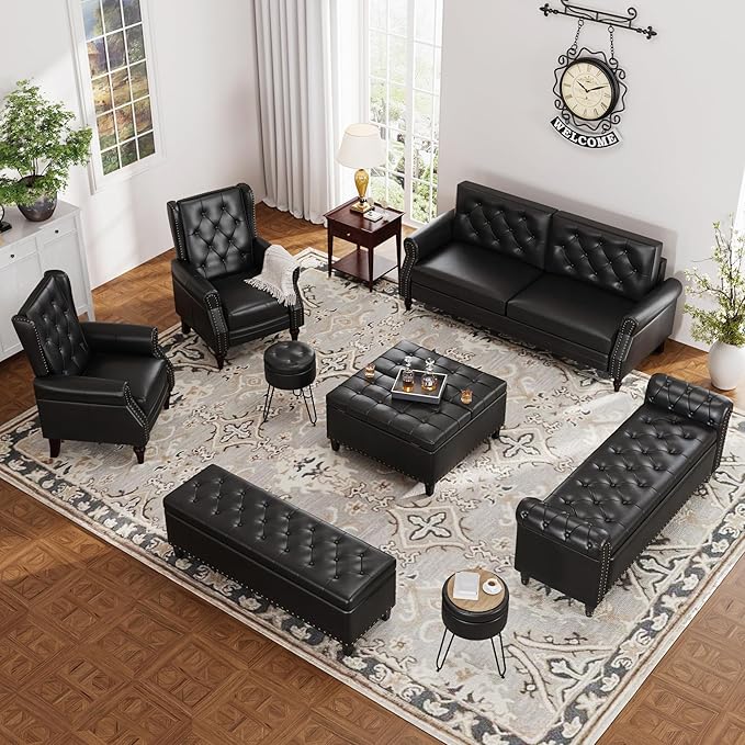 55 Inch Bedroom Bench, End of Bed Bench with Storage, Bed Benches for Foot of Bed, Faux Leather Window Bench with Rolled Arms, Upholstered Storage Bench with Tufted Button and Nailhead Trim, Black