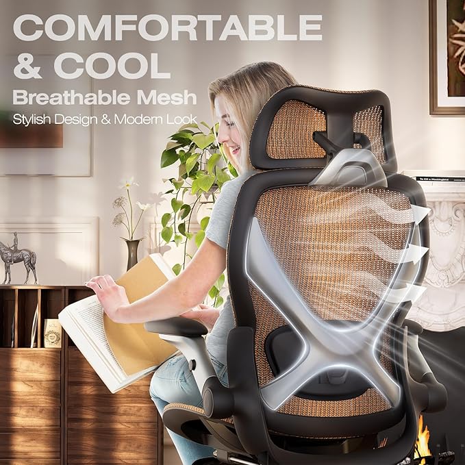 ELABEST X100 Ergonomic Office Chair with Footrest, Big and Tall Home Desk Chair with 5D Flip-Up Arms, Adjustable 3D Lumbar Support,High Back Rolling Computer Chair, Swivel Mesh Chairs