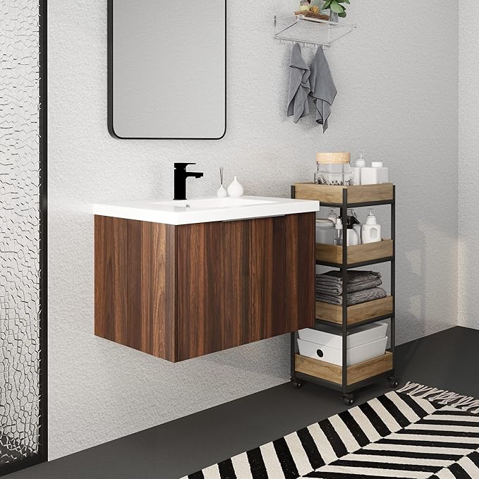 Goujxcy 30" Wall Mounted Bathroom Vanity with Sink, Modern Floating Bathroom Cabinet with White Resin Wash Basin & Storage Cabinet, Soft-Close Door Wood Hanging Bath Room Cabinet