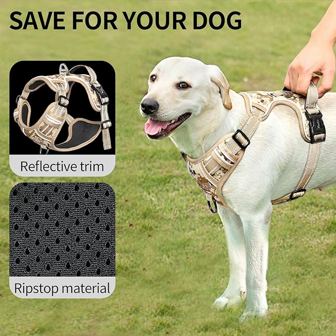 HEELE Dog Harness, No Pull Adjustable Padded Reflective Harness for Small Medium Large Dogs with Handle for Walking Training, Camo Tan, M