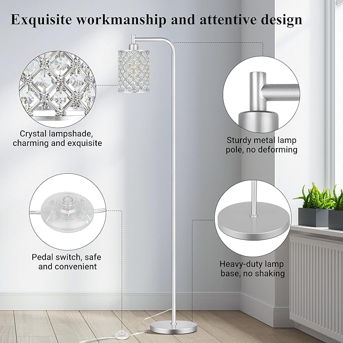 QiMH Industrial Floor Lamp for Living Room, Modern Standing Lamp with Crystal Lampshade Pedal Switch, 67” Tall Lamp for Bedroom Study Room, Silver (2700K LED Bulb Included)