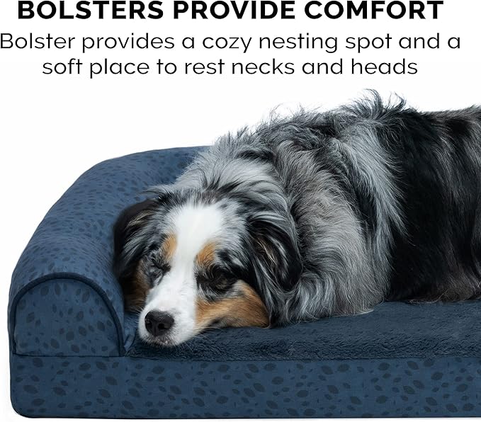 Furhaven Orthopedic Dog Bed for Medium/Small Dogs w/ Removable Bolsters & Washable Cover, For Dogs Up to 35 lbs - Plush & Almond Print L Shaped Chaise - Blue Almonds, Medium