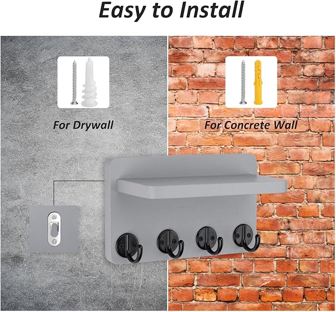 Nekon Key Holder Wall Mount, 8.5 Inch Small Home Decor Wooden Wall Organizer with 4 Hooks and Shelf, Wall Decor for Living Room Entryway Kitchen (Gray)