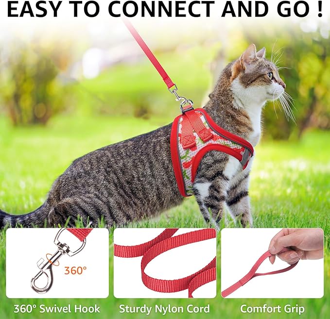 SCENEREAL Cat Harness & Leash Set Escape Proof - Adjustable Air Mesh Vest with Reflective Strips for Kittens, Puppies, Rabbits, Cherry S