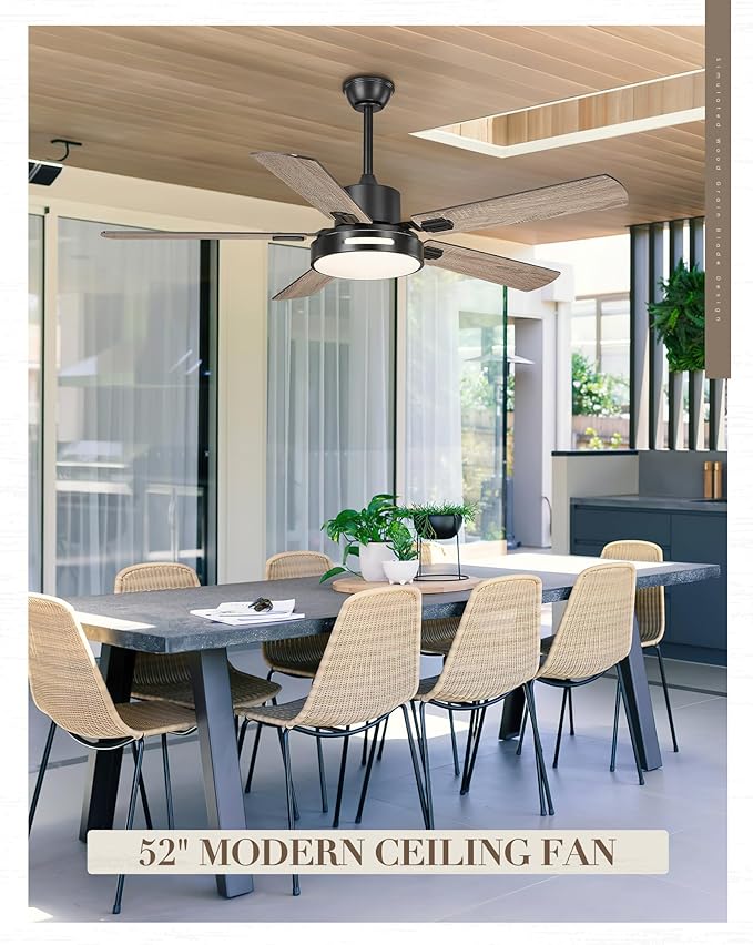TENGXIN 52 Inch Ceiling Fan With Lights and Remote Control, Farmhouse Fandelier with 5 Reversible Blades,6 Speeds,Ultra Silent,APP Control,TXCF-BK002