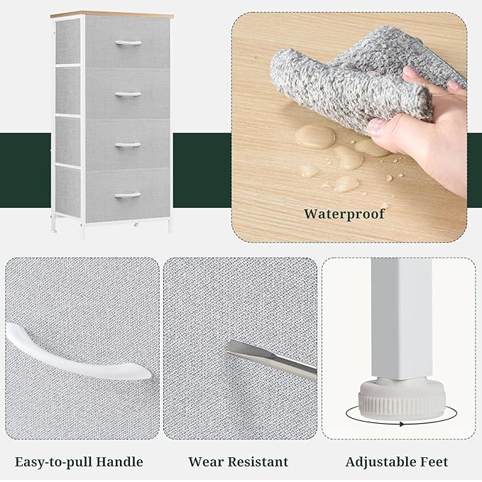 Nightstand, 4 Drawer Dresser End Table Bedside Furniture with Wooden Top Steel Frame Fabric Bins for Bedroom, Closet, Entryway, Dorm, Living Room, Light Gray