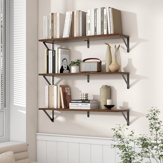 Axeman 32 Inch Floating Shelves | 8 Inch Deep Walnut Wall Shelves Set of 2 | 31.5W x 8D Rustic Wood Shelves for Bookshelf Living Room Bedroom Home Office Bathroom