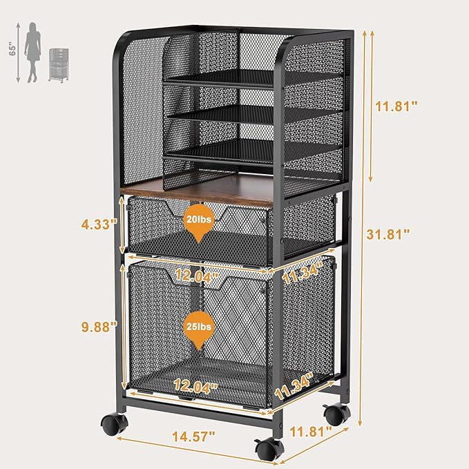 6-Tier Rolling File Cart with 2 Drawers, File Cabinet Organizer for Hanging File Folders, Letter-Size File Storage with Wheels, Multi-Layer Mobile Filing Cabinet for Office and Home