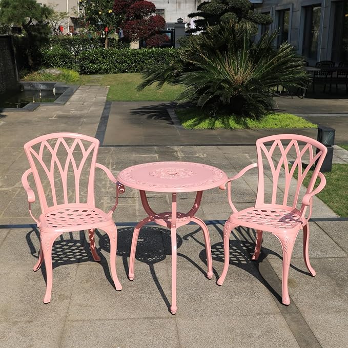 C/G Bistro Set 3 Piece Outdoor Cast Aluminum Patio Bistro Set with Umbrella Hole and Armrests,Outdoor Bistro Table Set,Patio Furniture Set Front Porch Set for Yard Garden Villa (Pink)