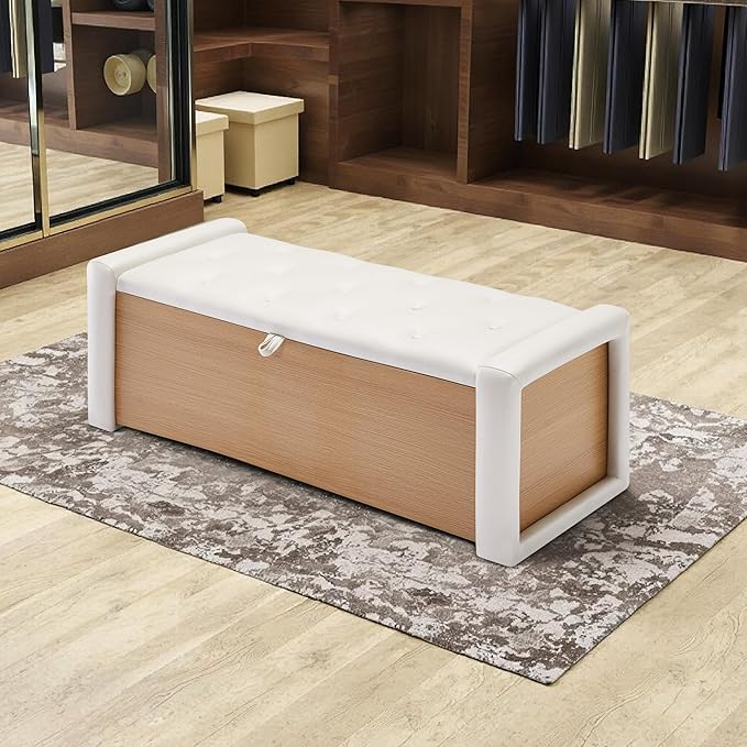 48" Large Storage Ottoman Bench, Faux Leather Upholstered Bed Bench with Button Tufted, End of Bed Ottoman with Safety Hinge for Bedroom, Living Room, Window,or Entryway, Beige Shoe Storage Chest