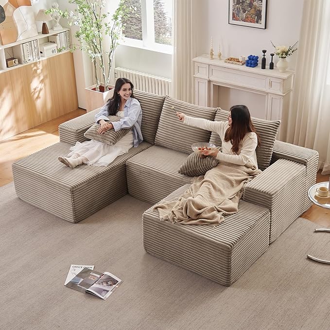 107" L-Shape Sofa with Ottoman, Modern Modular Sectional Comfy U-Shape Cloud Couch, Deep Seat, Upholstered Corduroy Sleeper Chaise Longue for Living Room Bedroom, No Assembly Required, Camel