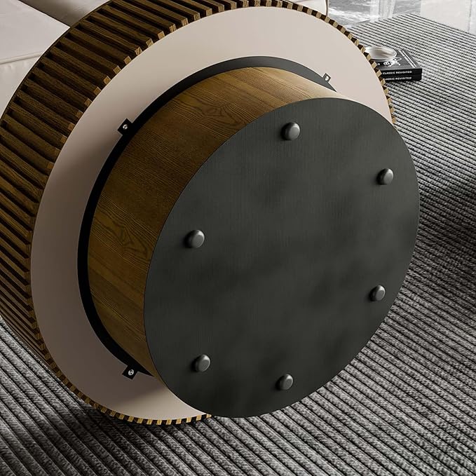 31.5'' Small Round Coffee Table with Storage, Fluted Coffee Table with Solid Wood Veneered, Mid Century Modern Wooden Center Table, Accent Tea Table for Small Space Living Room Apartment, Brown