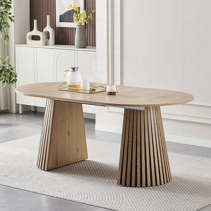 39.4"-71" Extendable Dining Table,Wood Expandable Kitchen Table for 4-10,Rustic Dining Room Table with Dual Pyramid Pedestal,Oval Wood Dining Table for Gatherings