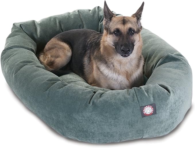Majestic Pet 32 Inch Micro Velvet Calming Dog Bed Washable – Cozy Soft Round Dog Bed with Spine for Head Support - Fluffy Donut Dog Bed 32x23x7 (inch) – Round Pet Bed Medium – Azure