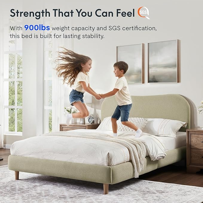 FlexiSpot Queen Size Linen Bed Frame, Upholstered Cloud Platform Bed with Adjustable Headboard, Plush Padding, Solid Wood Legs, Bonus LED Wall Light Included, No Box Spring Needed, Easy Assembly, Sage