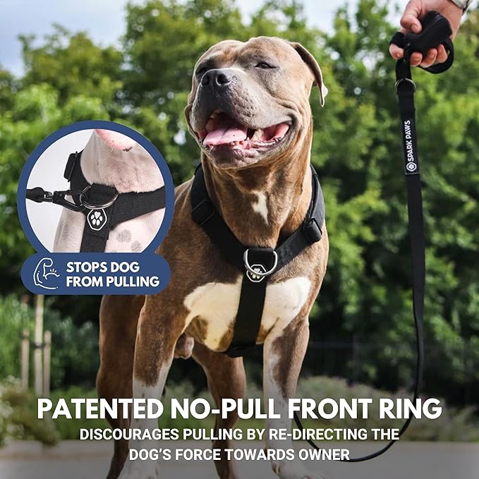 Spark Paws No Pull Dog Harness for Large Dogs, Heavy Duty Dog Harness for Big Strong Breeds, Adjustable, Y Shaped Padded Halter Design with Front Clip - Black - M