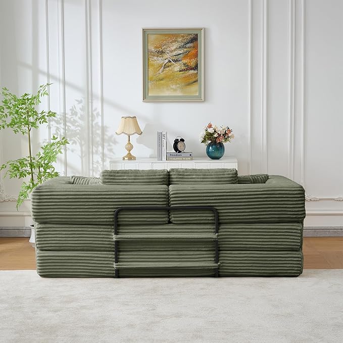 Antetek Convertible Sofa Bed, Comfy Corduroy Fluffy Love seat Sleeper Sofa, 5 in 1 Folding Couch Bed, Fold Out Floor Couch with Pillows for Bedroom, Living Room, Office, Wide Stripes, Green