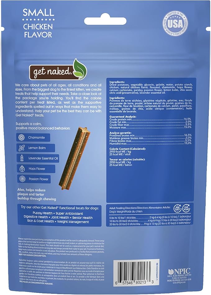 Get Naked Calming Dental Sticks for Dogs – Grain-Free Chicken Flavor, Anxiety Relief with Chamomile, Passion Flower, No CBD, Tartar Control, Gluten-Free – Small Sticks 6.2 oz Bag