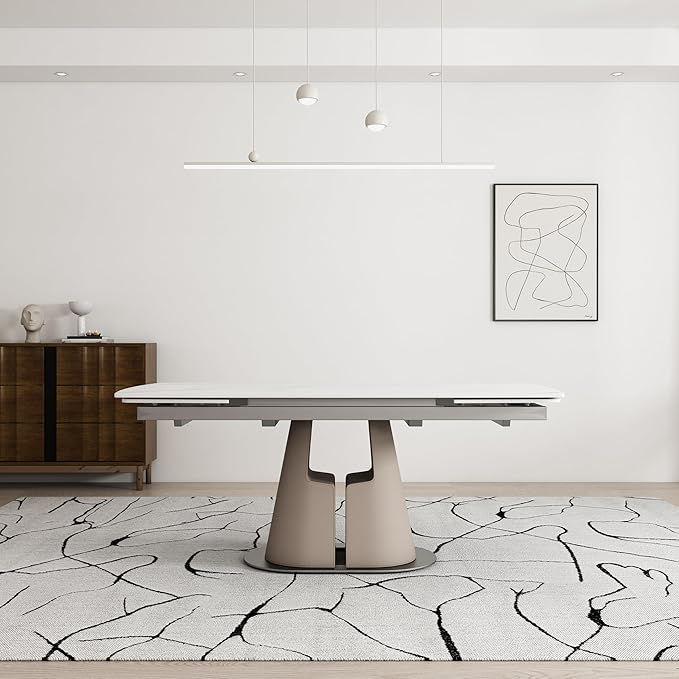 Modern Dining Table, Seats 8-10, Extendable Sintered Stone Dining Table, White Top, Saddle Leather Pedestal Table, 90 in.(1Table