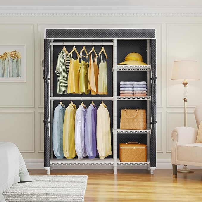 VIPEK V7C Garment Racks with Cover Portable Closets for Hanging Clothes, Heavy Duty Clothes Rack with Shelves Metal Closet Wardrobe, Max 670lbs, White Rack with Black Upgraded Polyester Cover