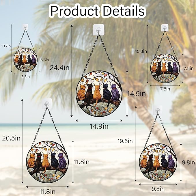 Stained Glass Window Hanging - 5 Cats on a Branch Suncatcher for Window Doors Home Decoration and Christmas, Mother's Day Father's Day Birthday Gifts for Women, Men, and Mom 11.8x11.8 in