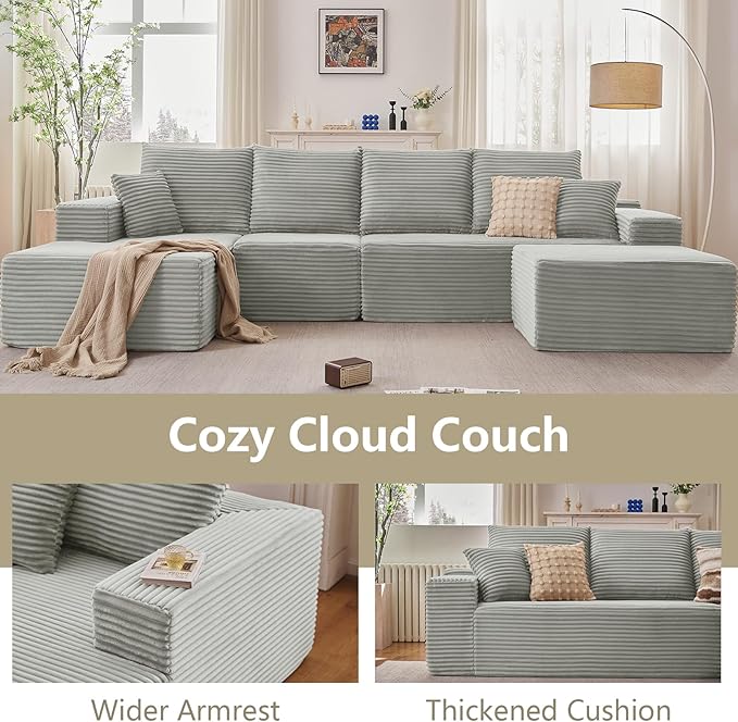 135" L-Shape Sofa with Ottoman, Modern Modular Sectional Comfy U-Shape Cloud Couch, Deep Seat, Upholstered Corduroy Sleeper Chaise Longue for Living Room Bedroom, No Assembly Required, Grey
