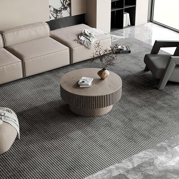 31.5'' Small Round Coffee Table with Storage, Fluted Coffee Table with Solid Wood Veneered, Mid Century Modern Wooden Center Table, Accent Tea Table for Small Space Living Room Apartment, Grey