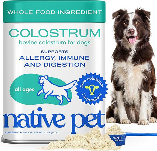 Native Pet Colostrum for Dogs – Bovine Colostrum Powder – Allergy Relief, Immune Support & Itchy Skin Treatment – Dog Multivitamins for Skin & Gut Health – Puppy Milk Replacement & Prebiotic -120 ct.
